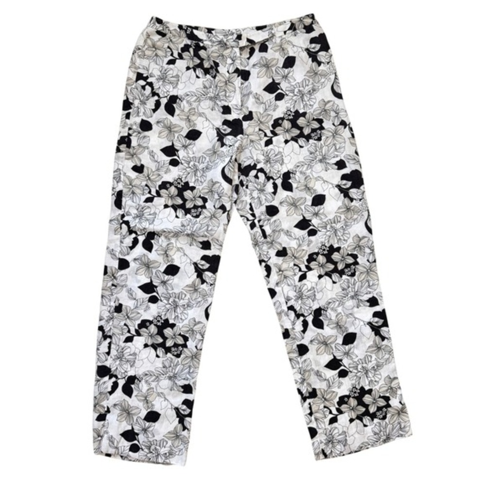 Ann Taylor Loft Floral 100% Linen Pants Black White Straight Leg Trousers 8